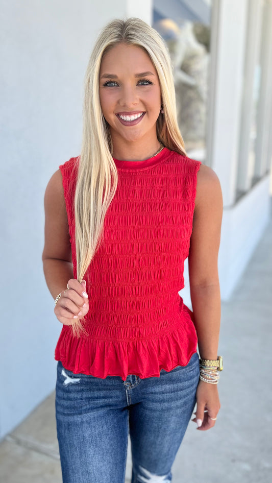 Red Smocking Detail Ruffle Hem Tank Top