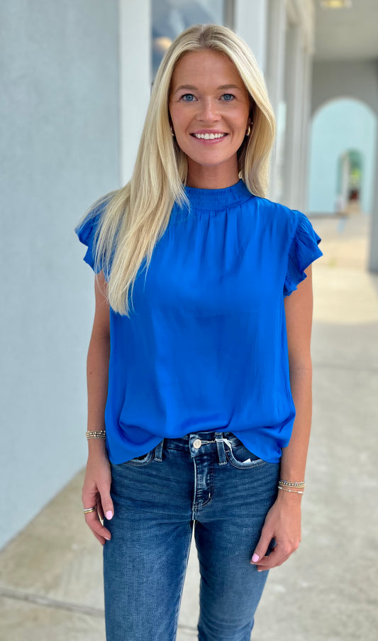 Cobalt Blouse With Smocked Neck