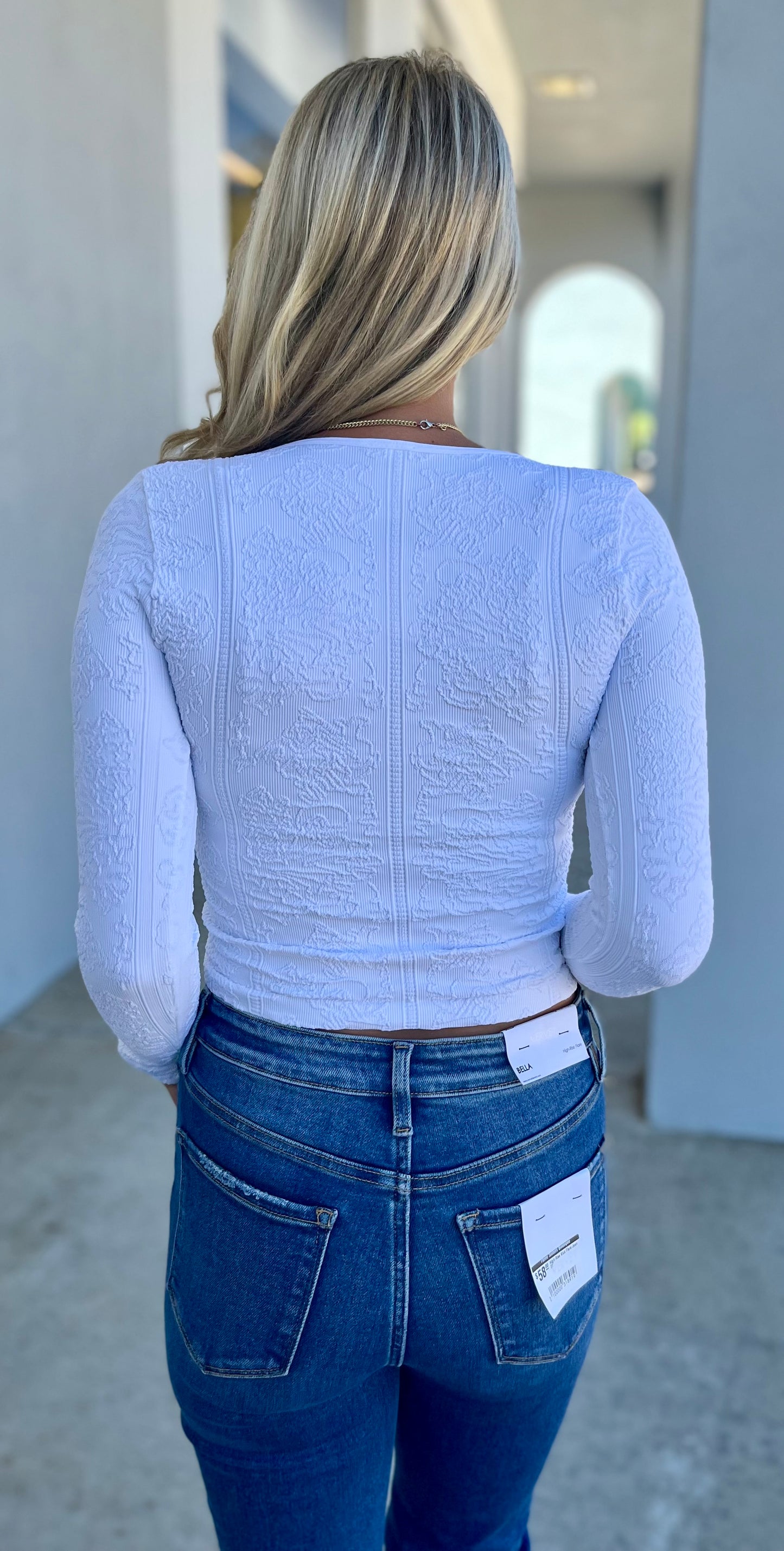 Lace Textured V Neck Top , Off White