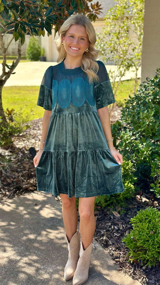 Contrast Sheer Mesh Panel with Lace Dress, Teal Green