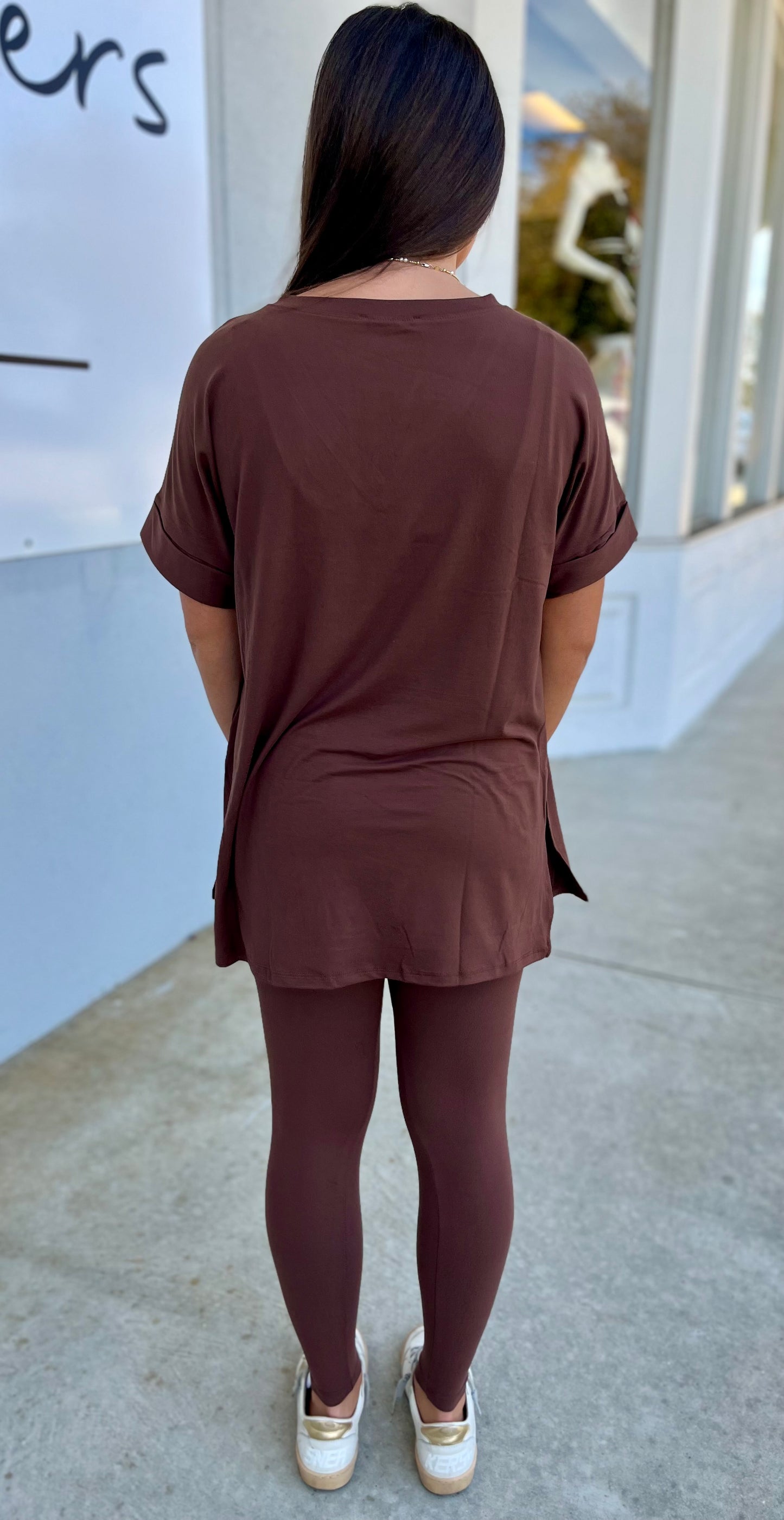 Short Sleeve V Neck Top & Leggings SET, Brown
