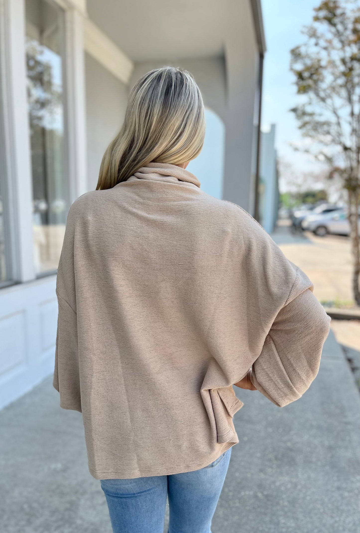 Beige Mock Neck Balloon Sleeve Top
