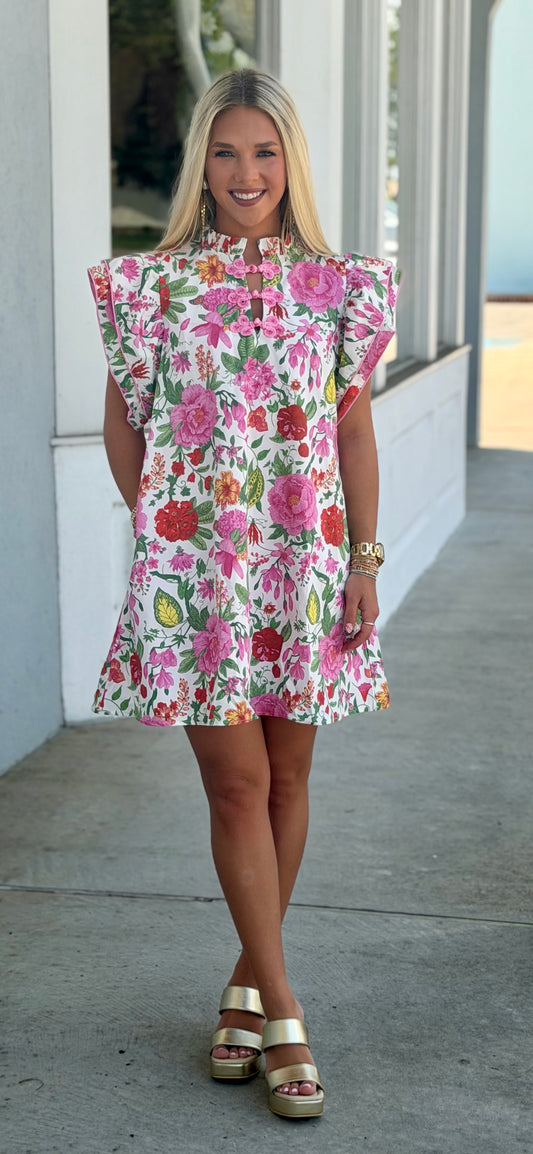 Floral Loop Button Ruffle Mini Dress