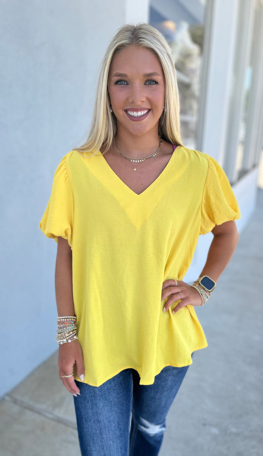 Puff Sleeve V Neck Top , Yellow