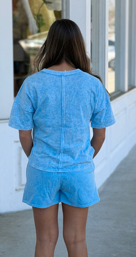 Halo Snow Washed Top & Short SET, Sky Blue