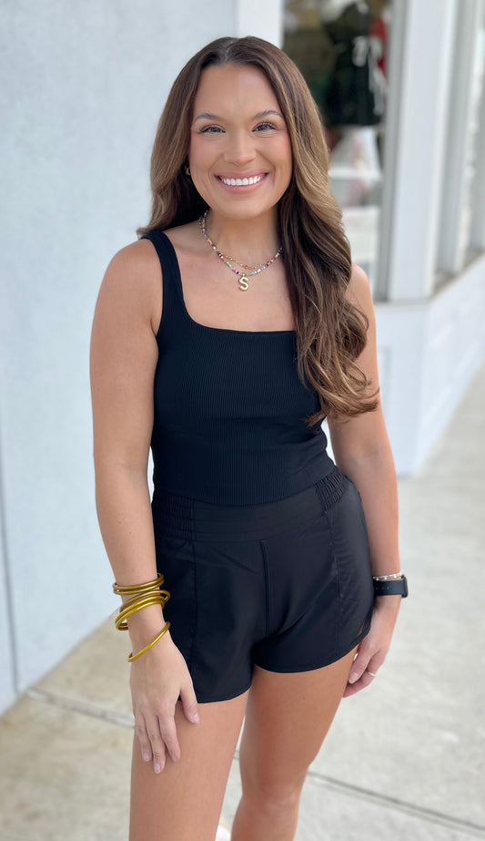 Square Neck Ribbed Crop Top, Black