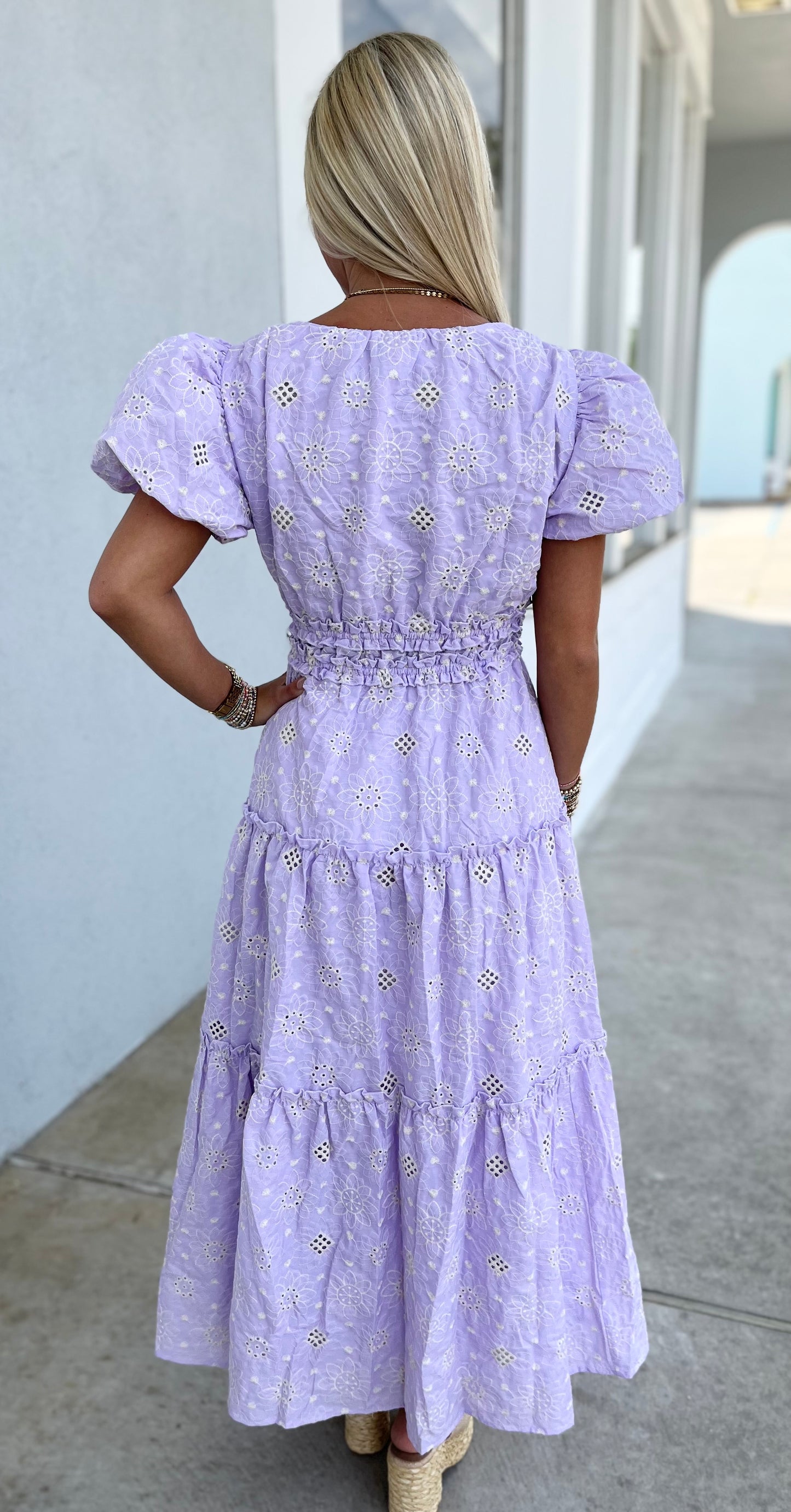 Lavender Eyelet Lace Puff Sleeve Midi Dress