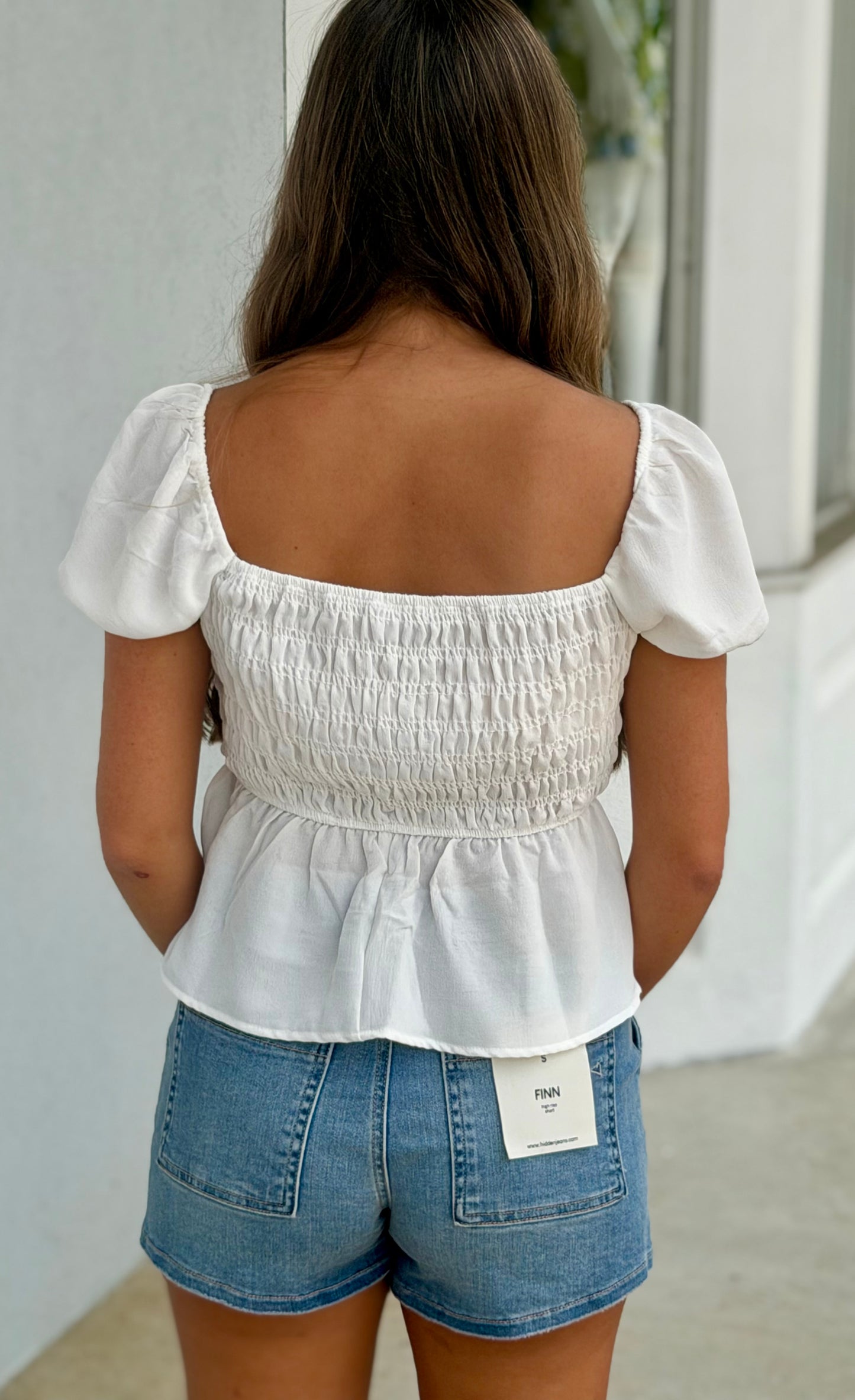 White Front Tie Detail Puff Sleeve Smocked Top