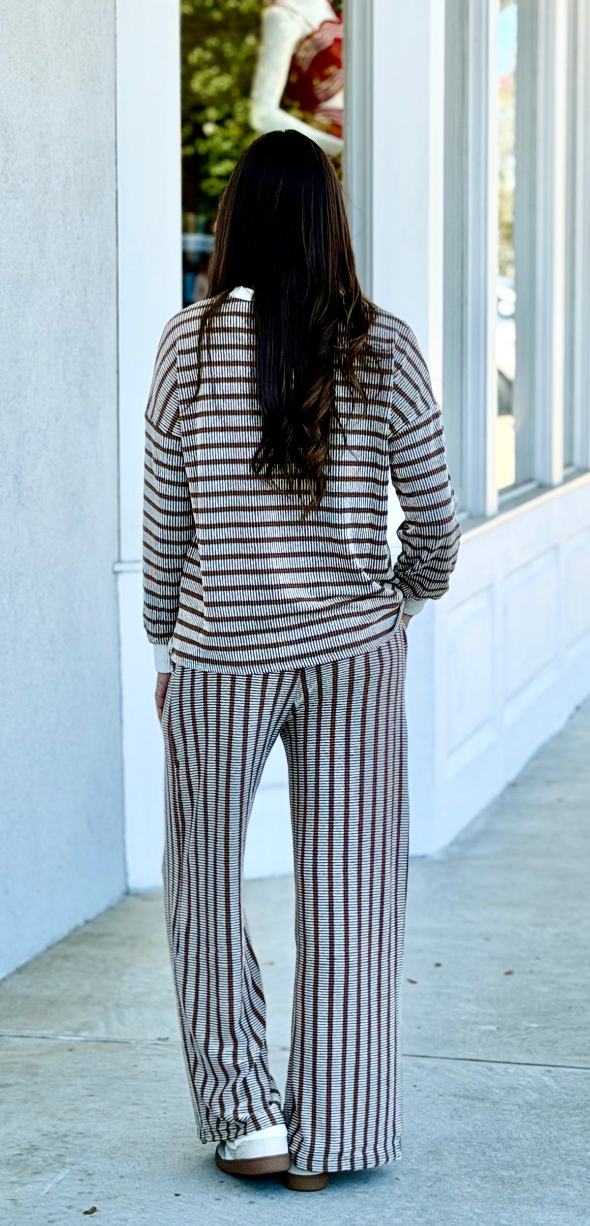 Raised Rib Striped Pullover & Pants SET, Brown