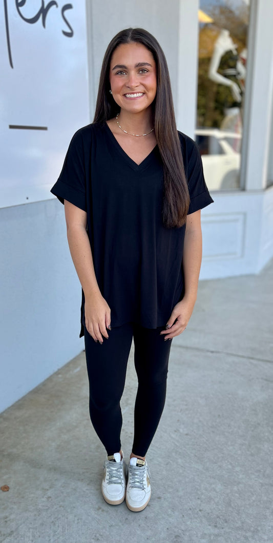 Short Sleeve V Neck Top & Leggings SET, Black