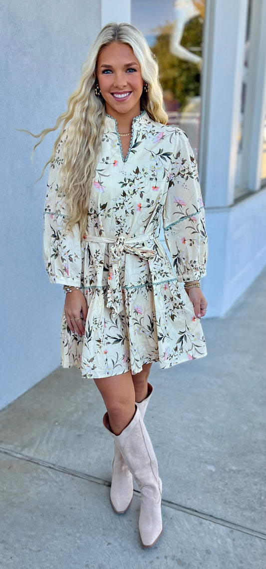 Cream Waist Tie Tiered Floral Dress