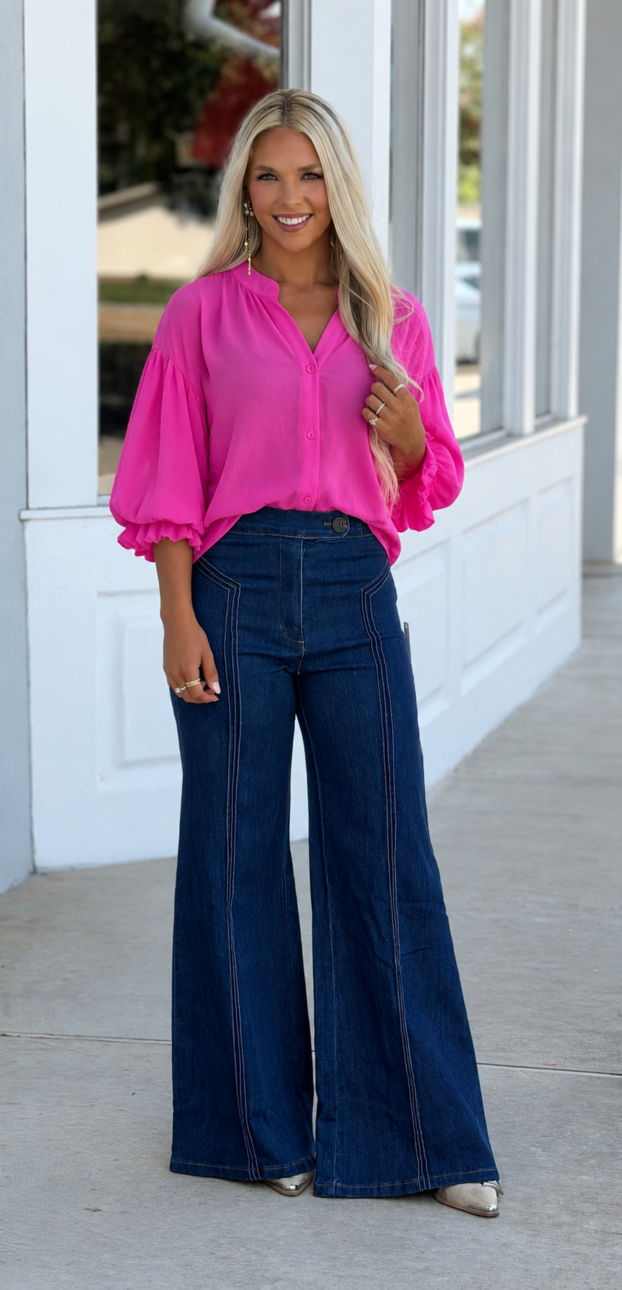 Puff Sleeve Button Down Shirt, Fuchsia