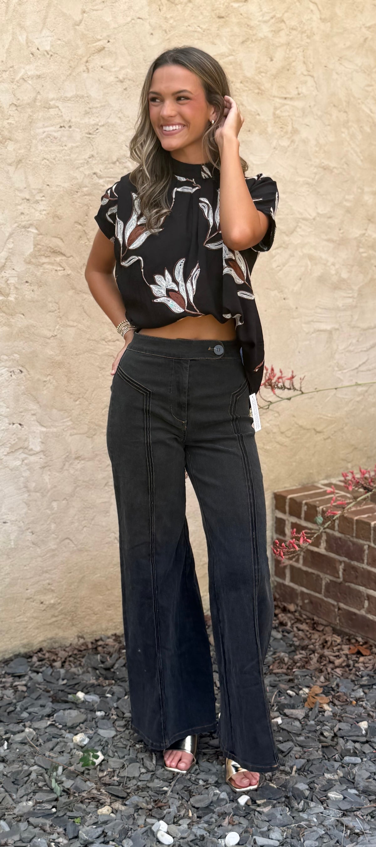 Embroidered Floral Blouse, Black
