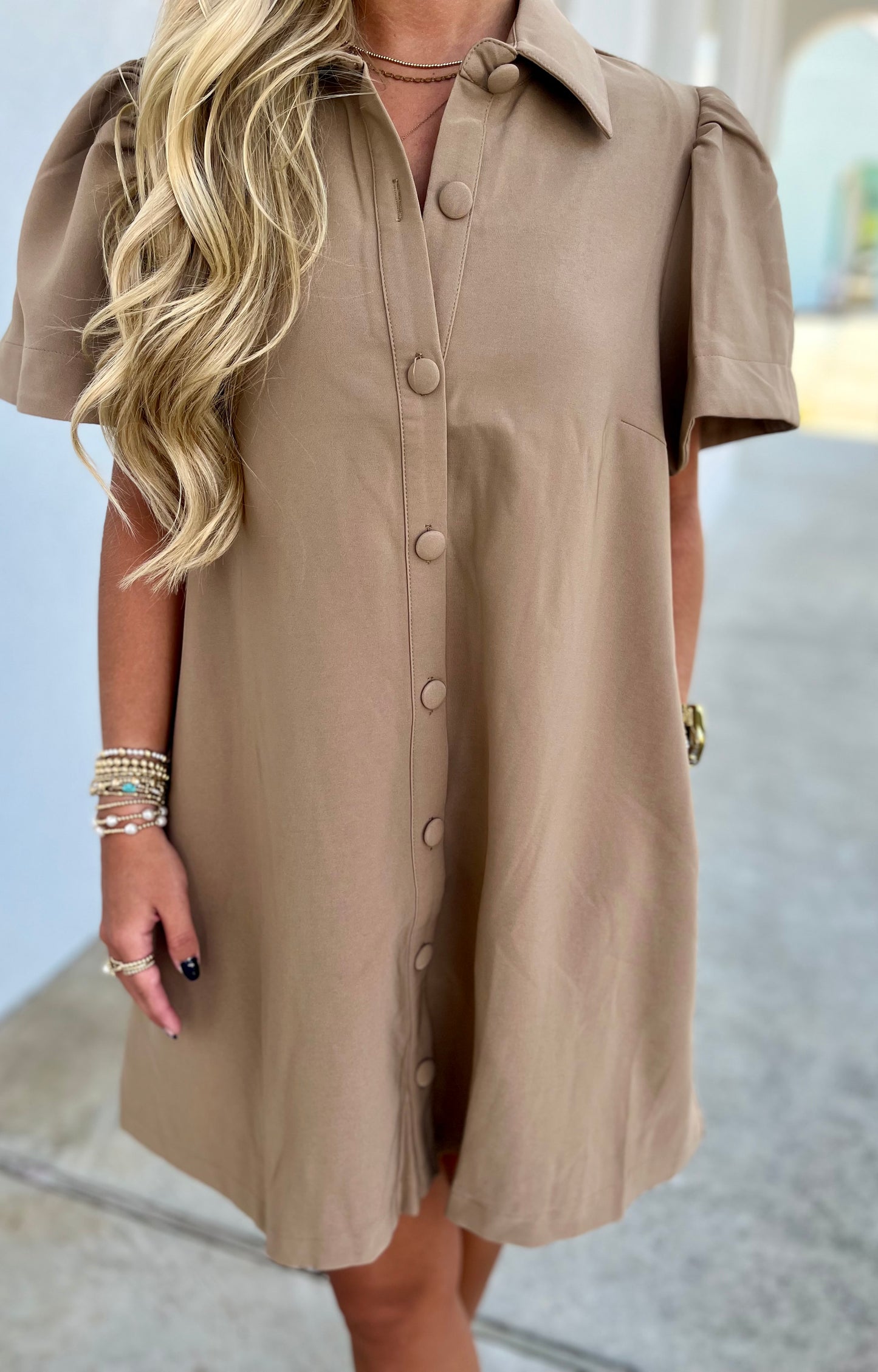 Taupe Collar Neck Button Down Dress