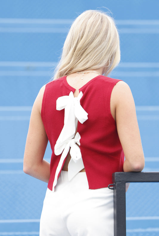 Back Bow Tie Sleeveless Top , Crimson