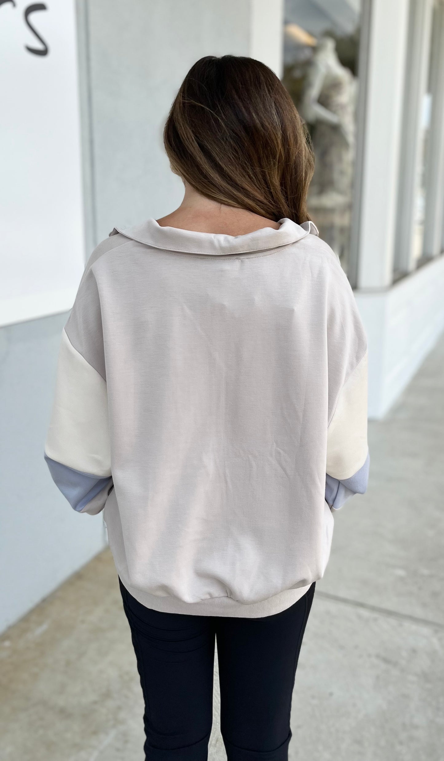 Stone/Blue Half Zip Color Block Sweatshirt