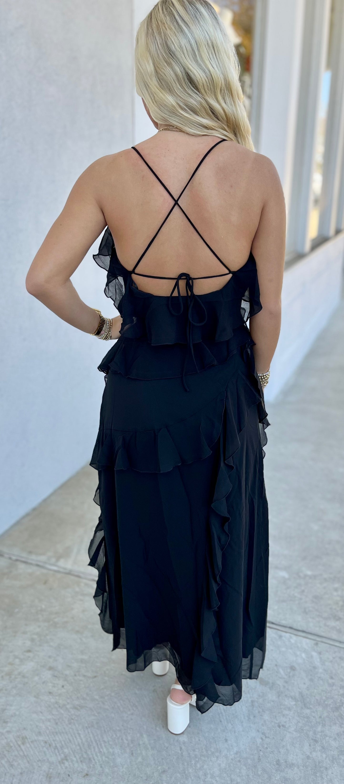 Black Layered Ruffle Detail Midi Dress