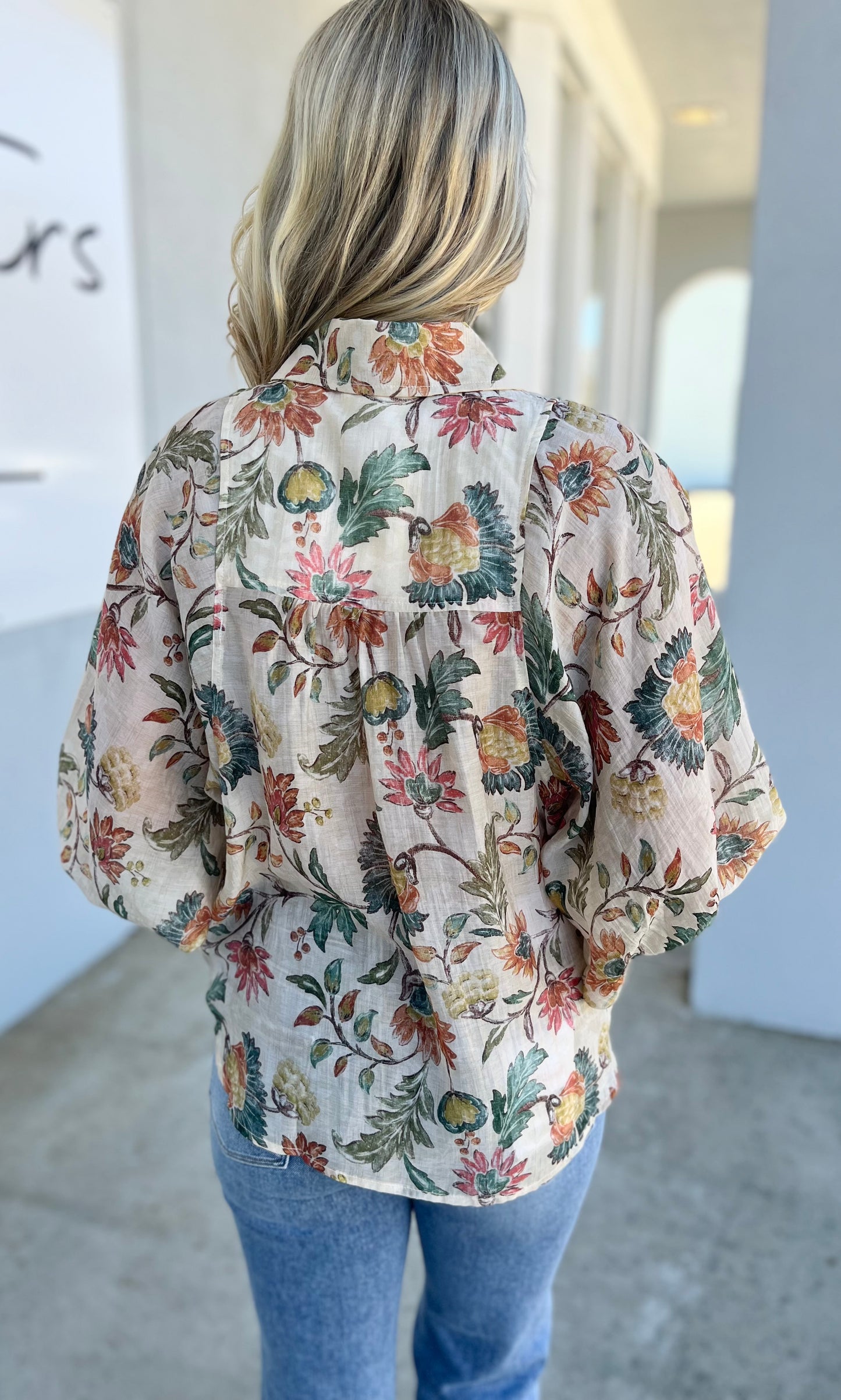 Plus Ecru Button Down Floral Blouse W/Collar