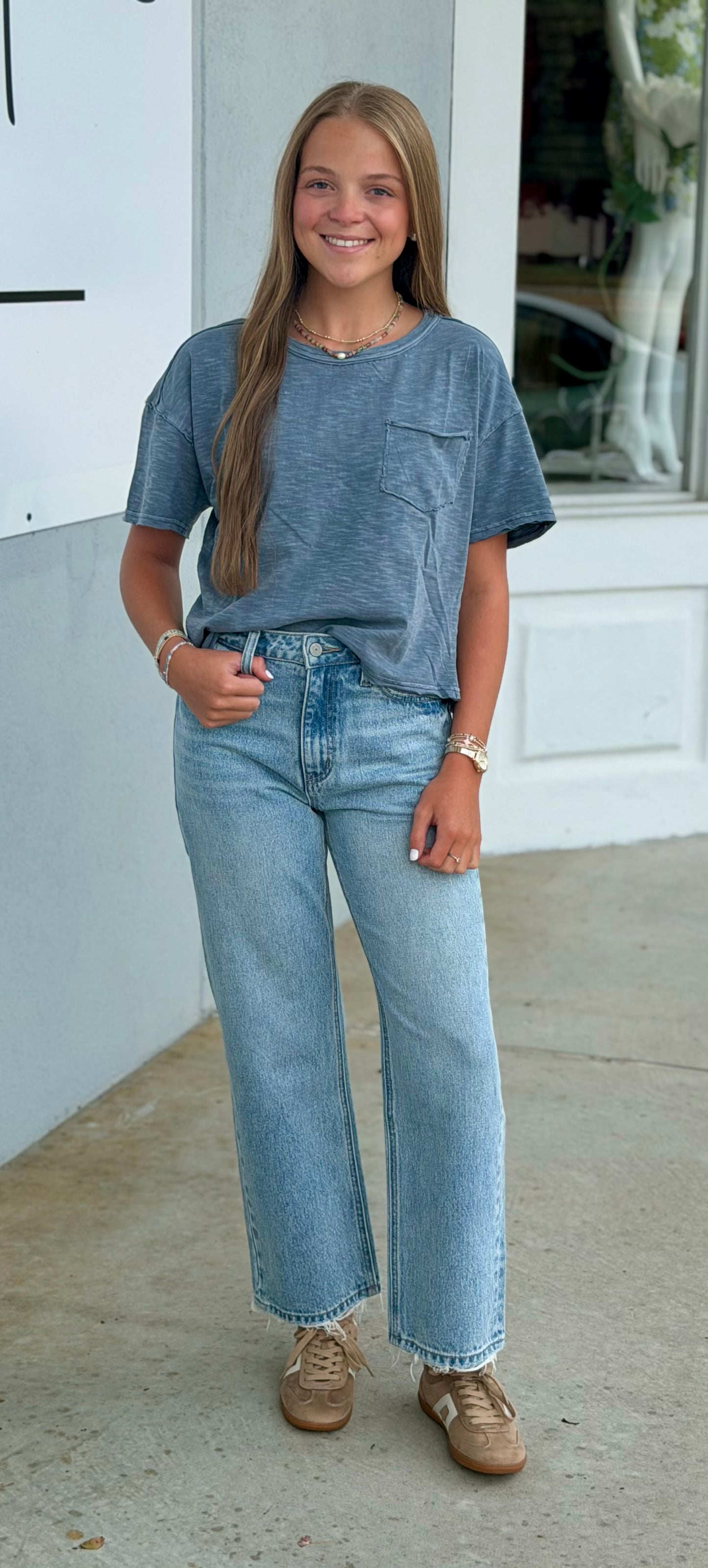 Dolman Short Sleeve Exposed Seam Knit Top , Dusty Blue