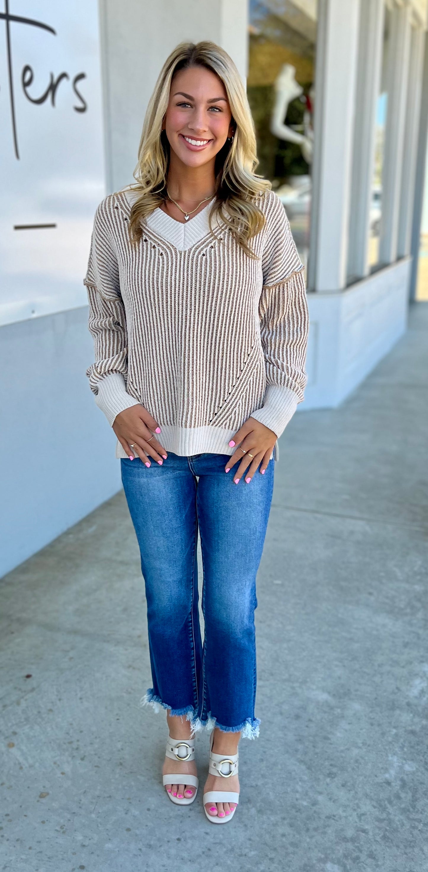 Oversized Two Tone Knit V Neck Sweater, Cream