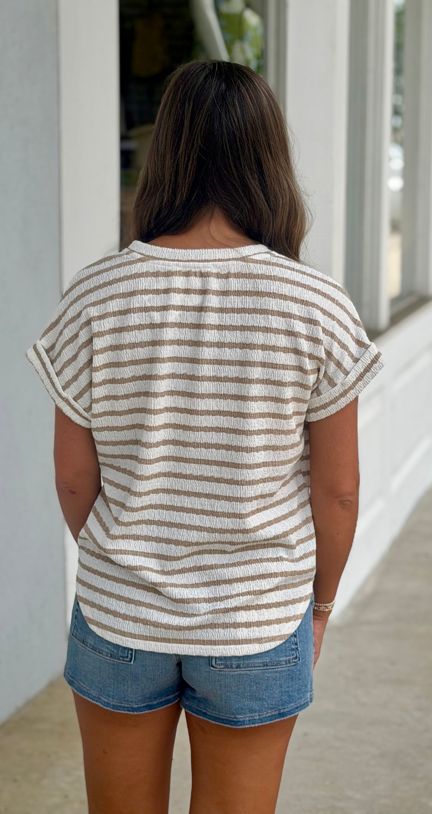 Textured Stripe Knit T Shirt, Khaki