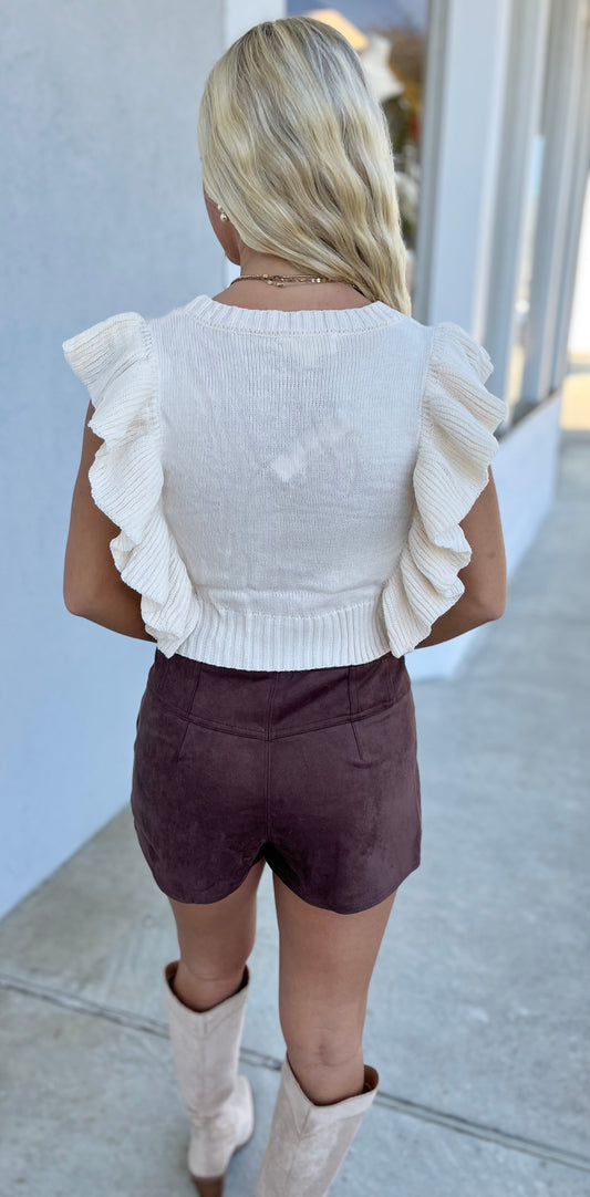 Ivory Cable Knit Cropped Sweater with Ruffled Sleeves
