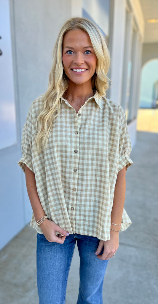 Sand Button Down Textured Gingham Oversized Top