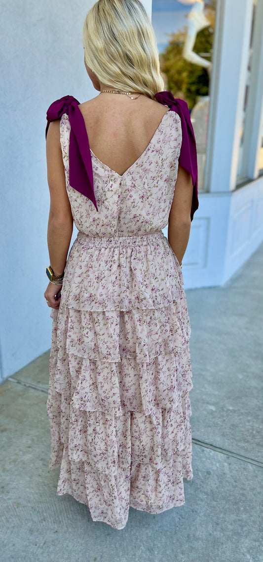 Tiered Floral Shoulder Tie Maxi Dress
