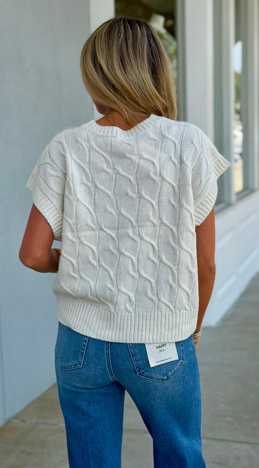 Cable Knit Cap Sleeve Sweater Top, Cream