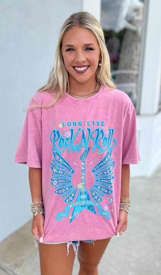 Puff Long Live Rock N Roll Graphic Tee, Pink