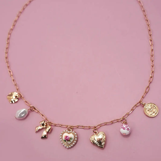 Ceramic Porcelain Bow Heart Charm Link Necklace