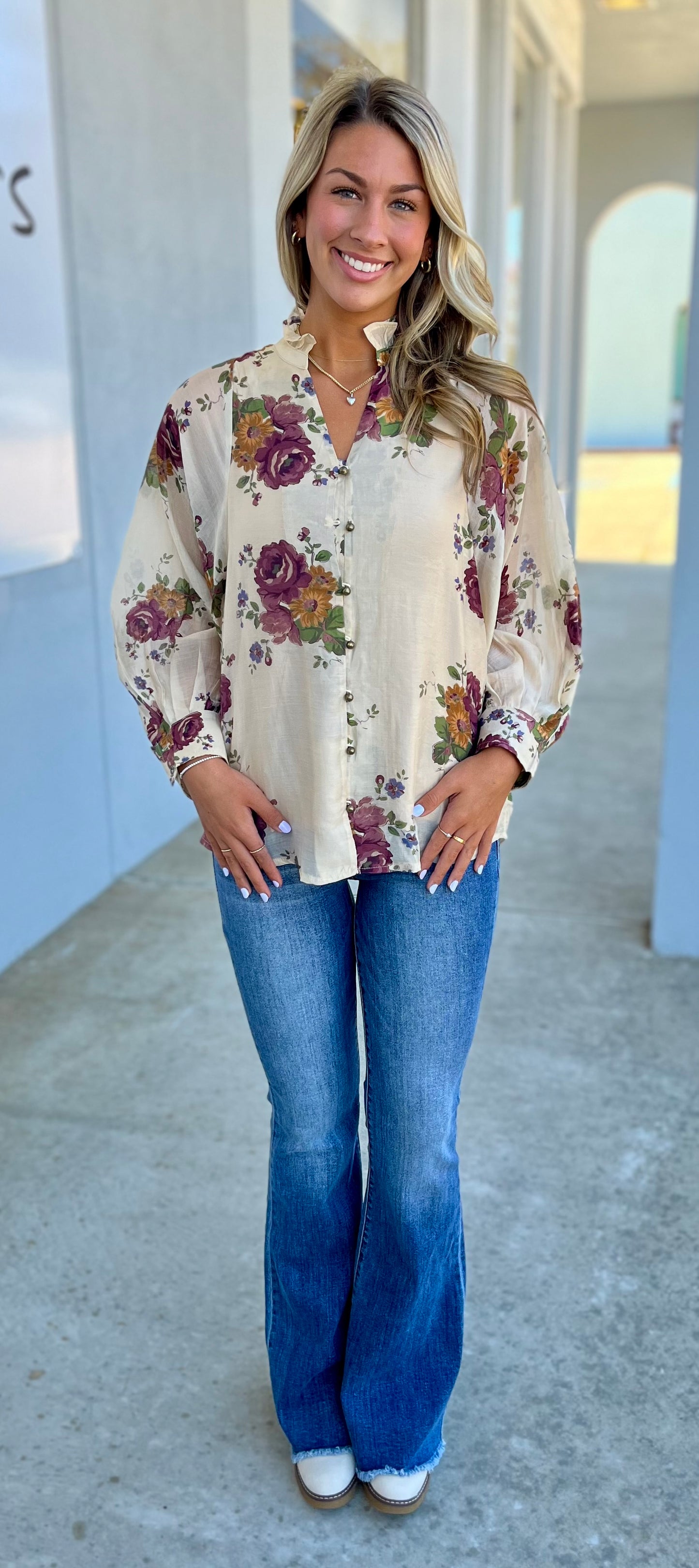Ecru Floral Button Top