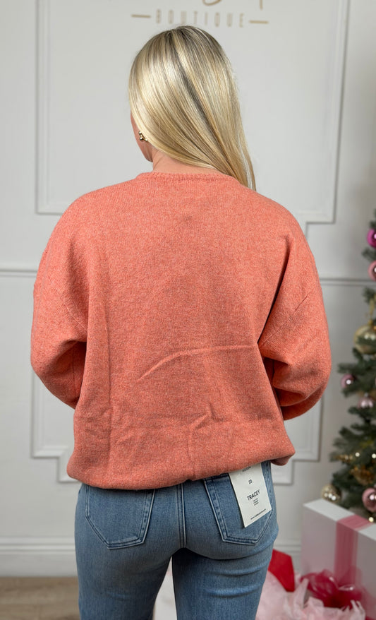 Long Sleeve Crew Neck Cardigan , Orange