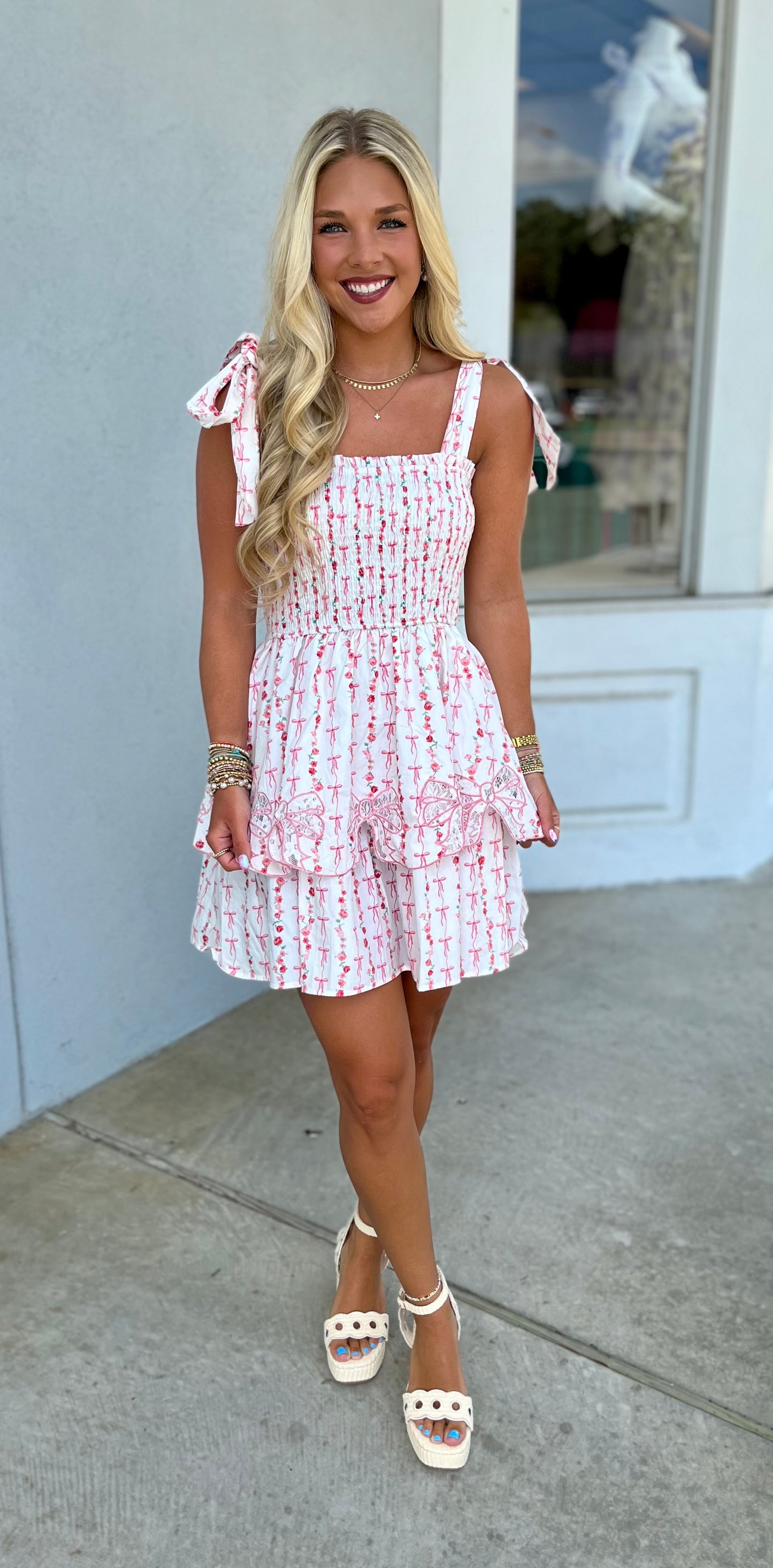 Off White Coral Tie Strap Smocked Dress