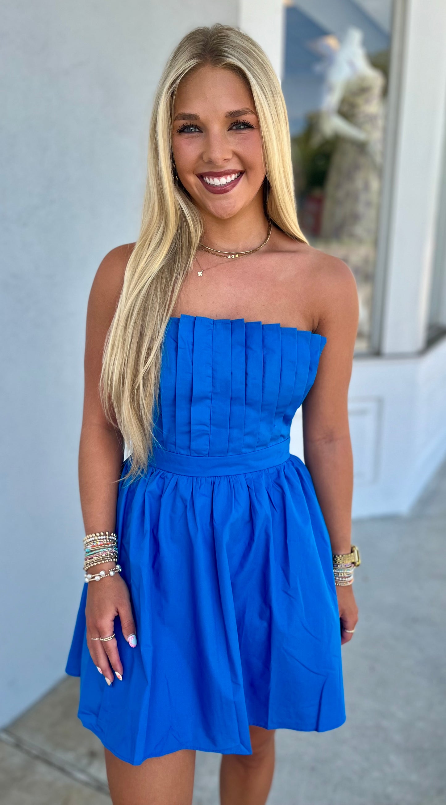 Blue Strapless Pleated Fit & Flare Mini Dress