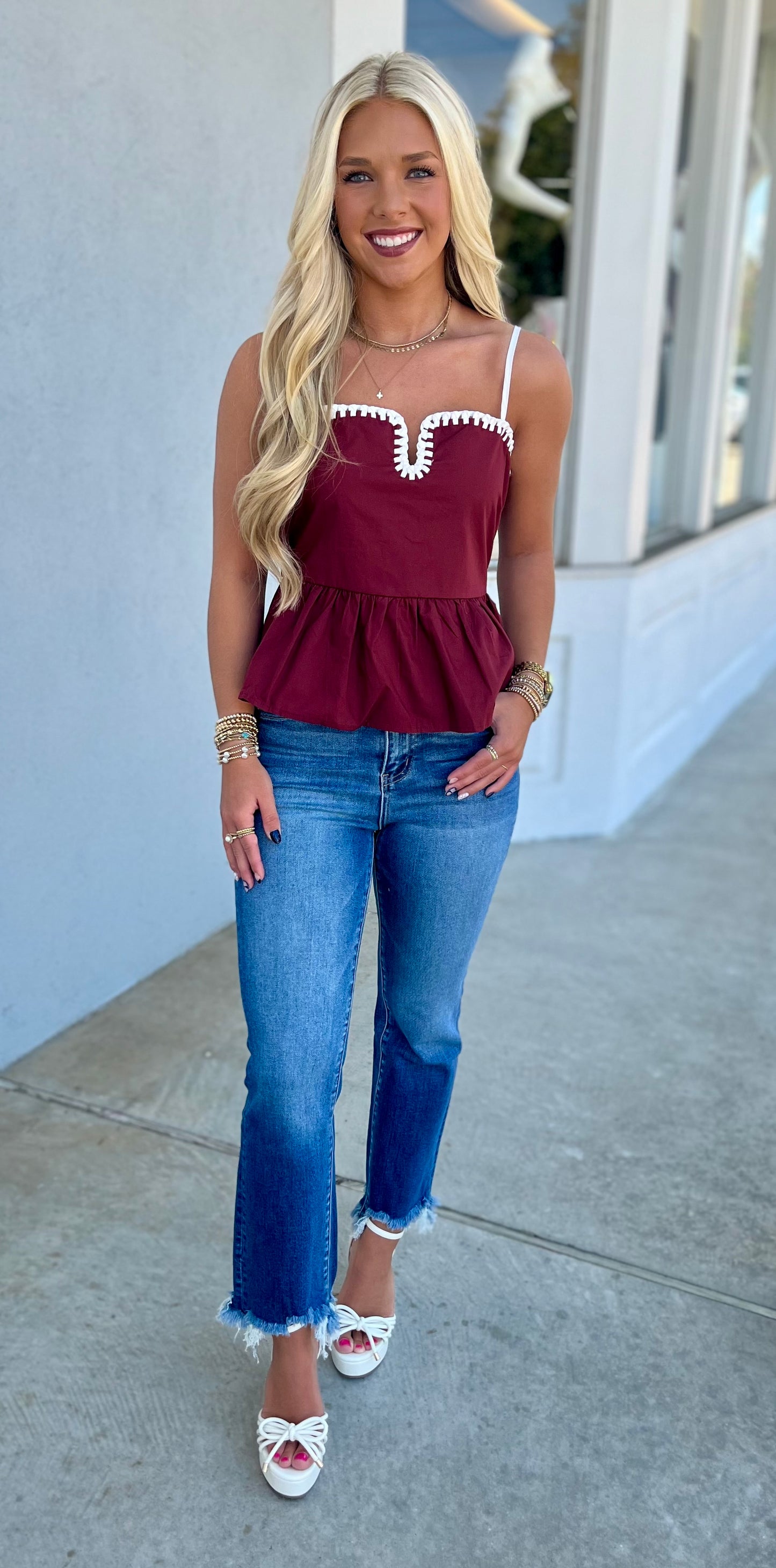 Peplum Top W Stitching Detail, Maroon