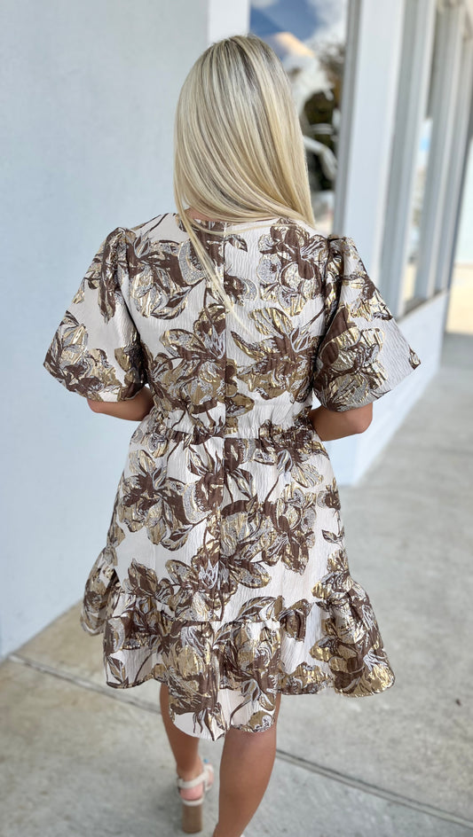 Jacquard Puff Sleeve V Neck Dress , Mocha/Gold