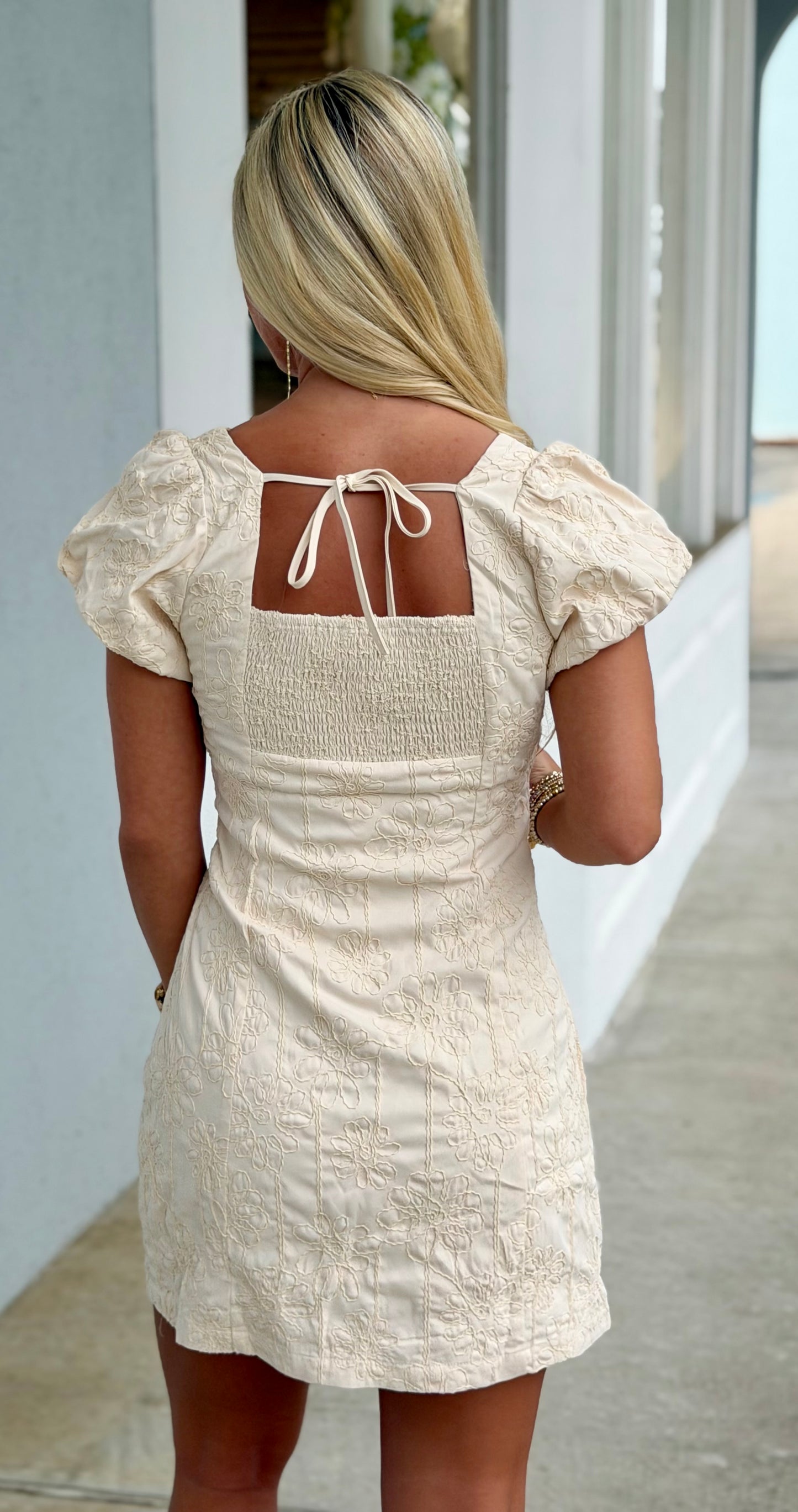 Beige Embroidered Puff Sleeve Square Neck Dress