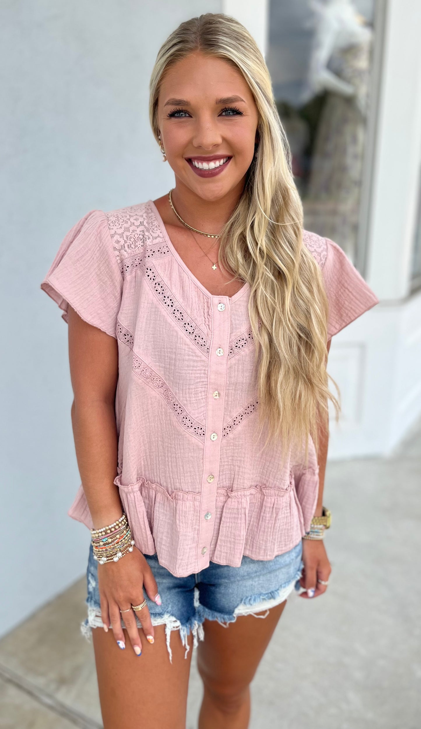 Blush Lace Detail Button Down Blouse