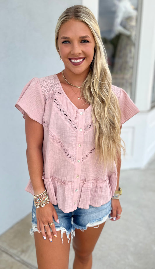 Blush Lace Detail Button Down Blouse