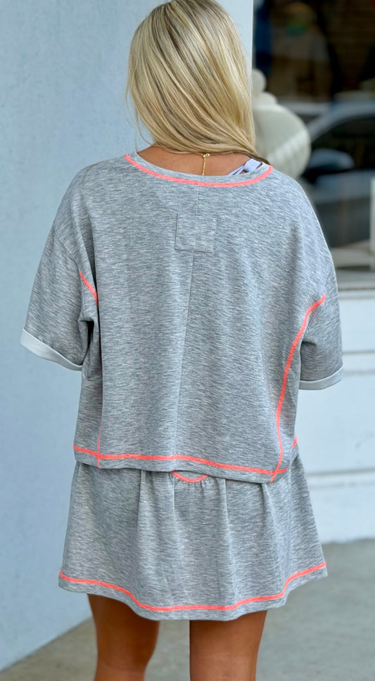 Heather Gray/Neon Knit V Neck Top and Skort SET(very oversized)