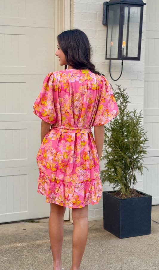 Pink Floral Belted Dress