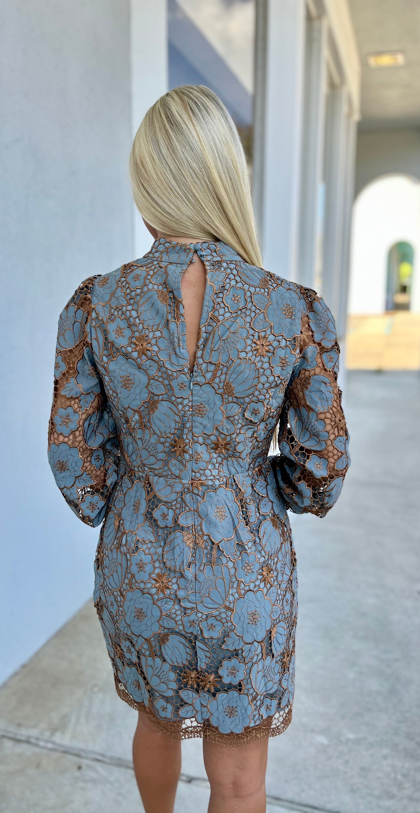 Embroidered Neck Band Long Sleeve Dress