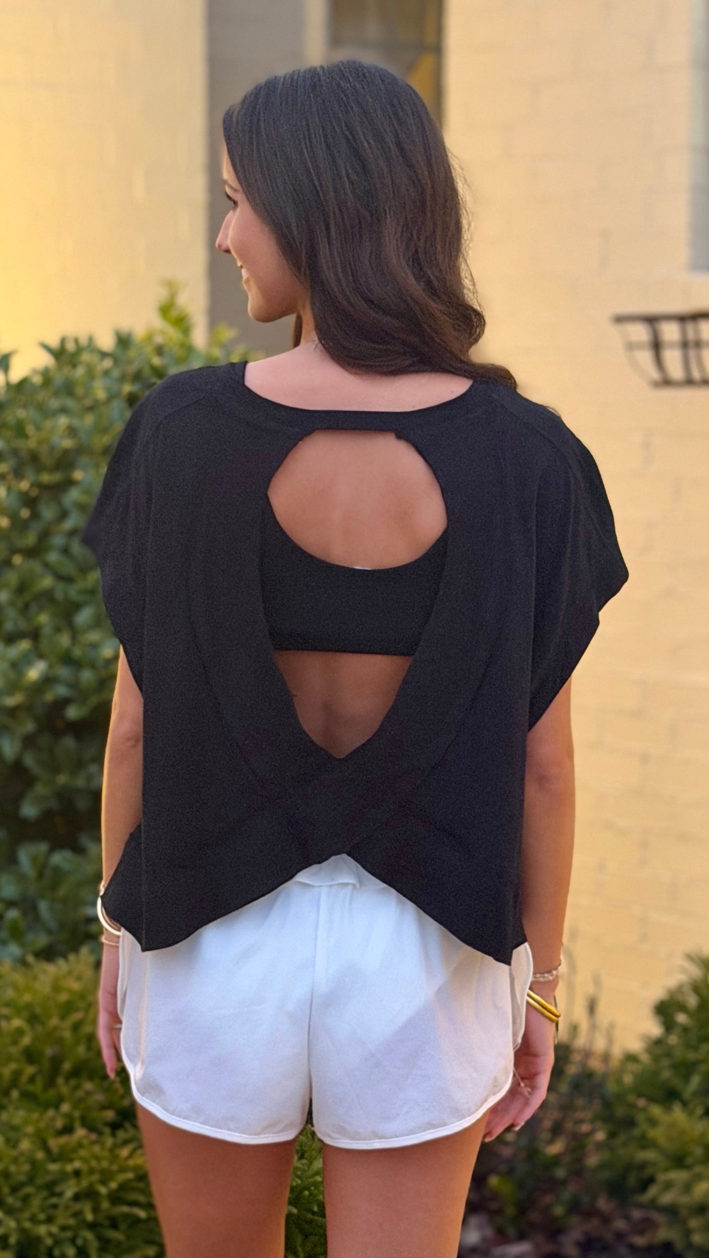 Black Cotton Slub Open Back Top
