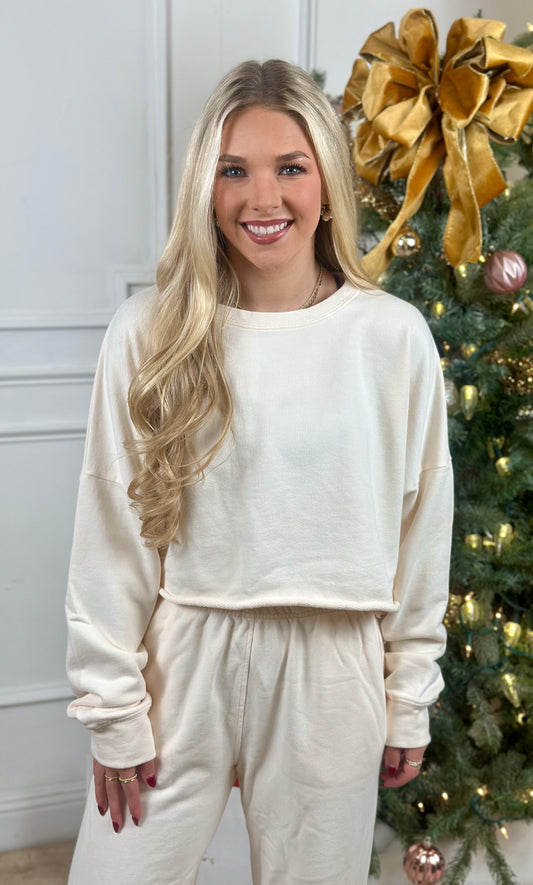 Ecru Cotton Soft Cropped Sweatshirt