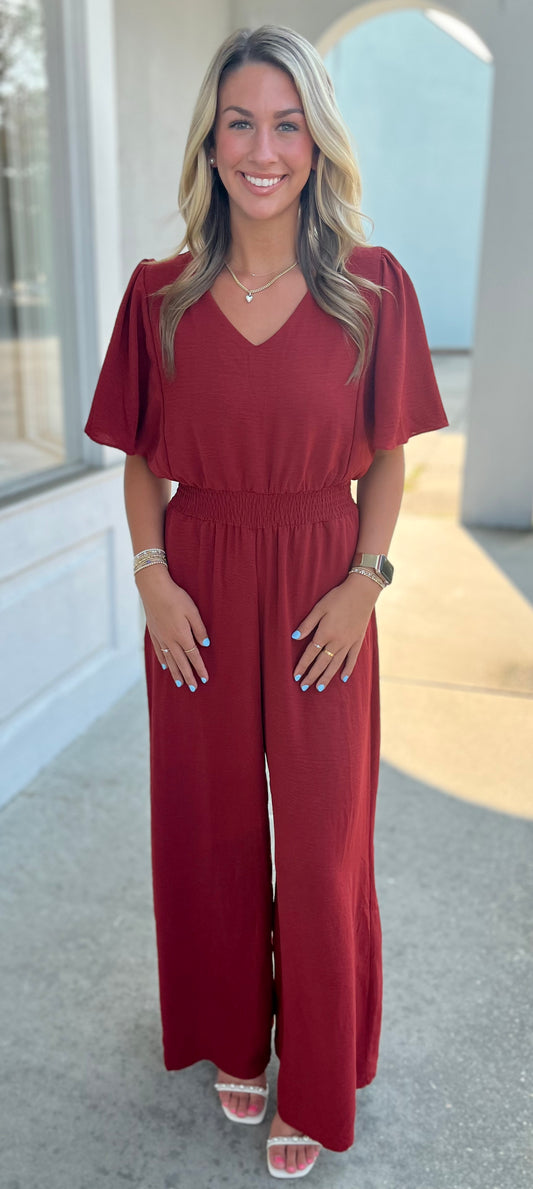 Smock Waist Wide Leg Jumpsuit , Red Brick
