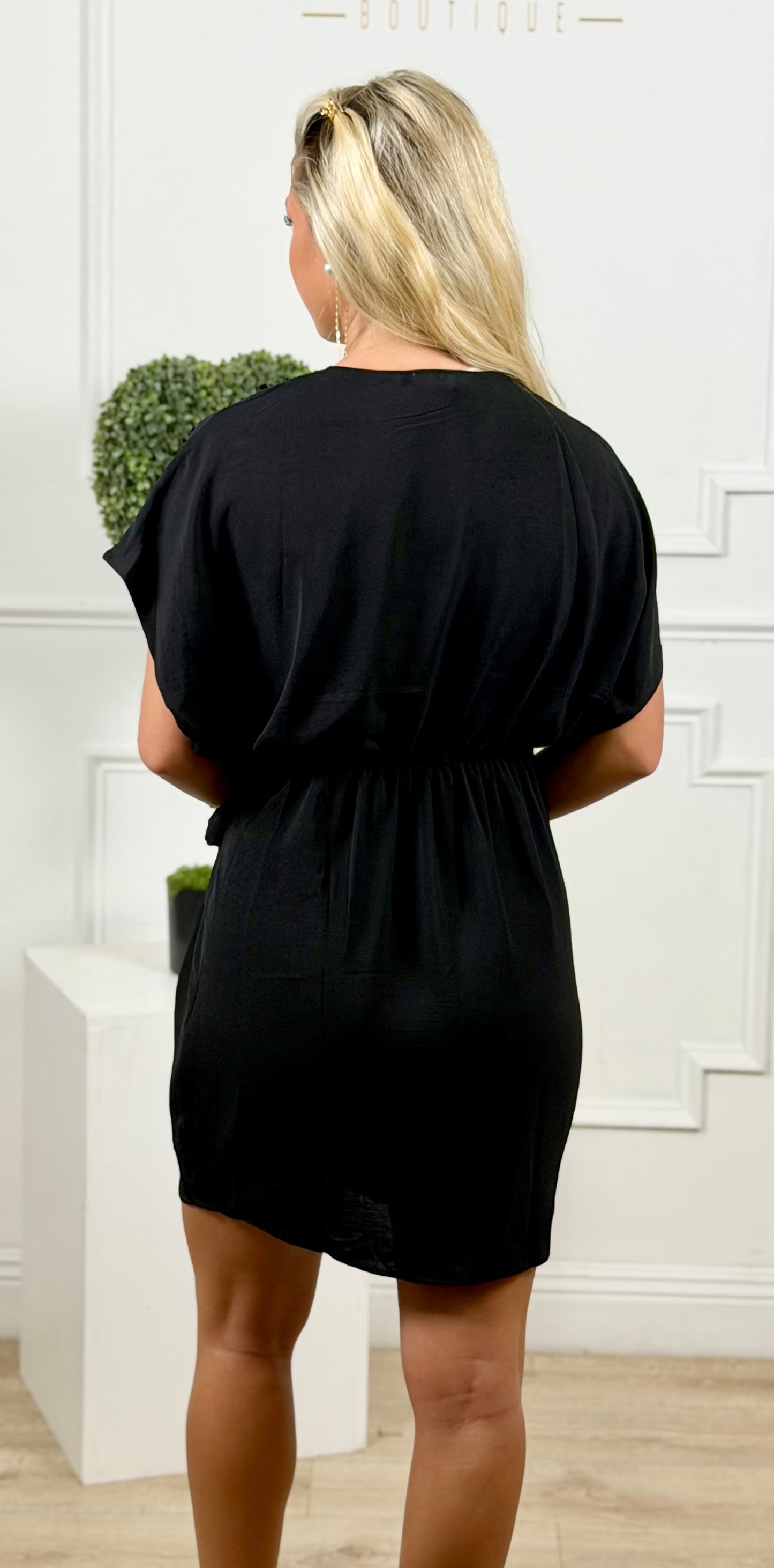 Black Surplice Woven V Neck Dress