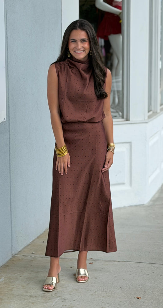 Mocha Polka Dot Satin Skirt