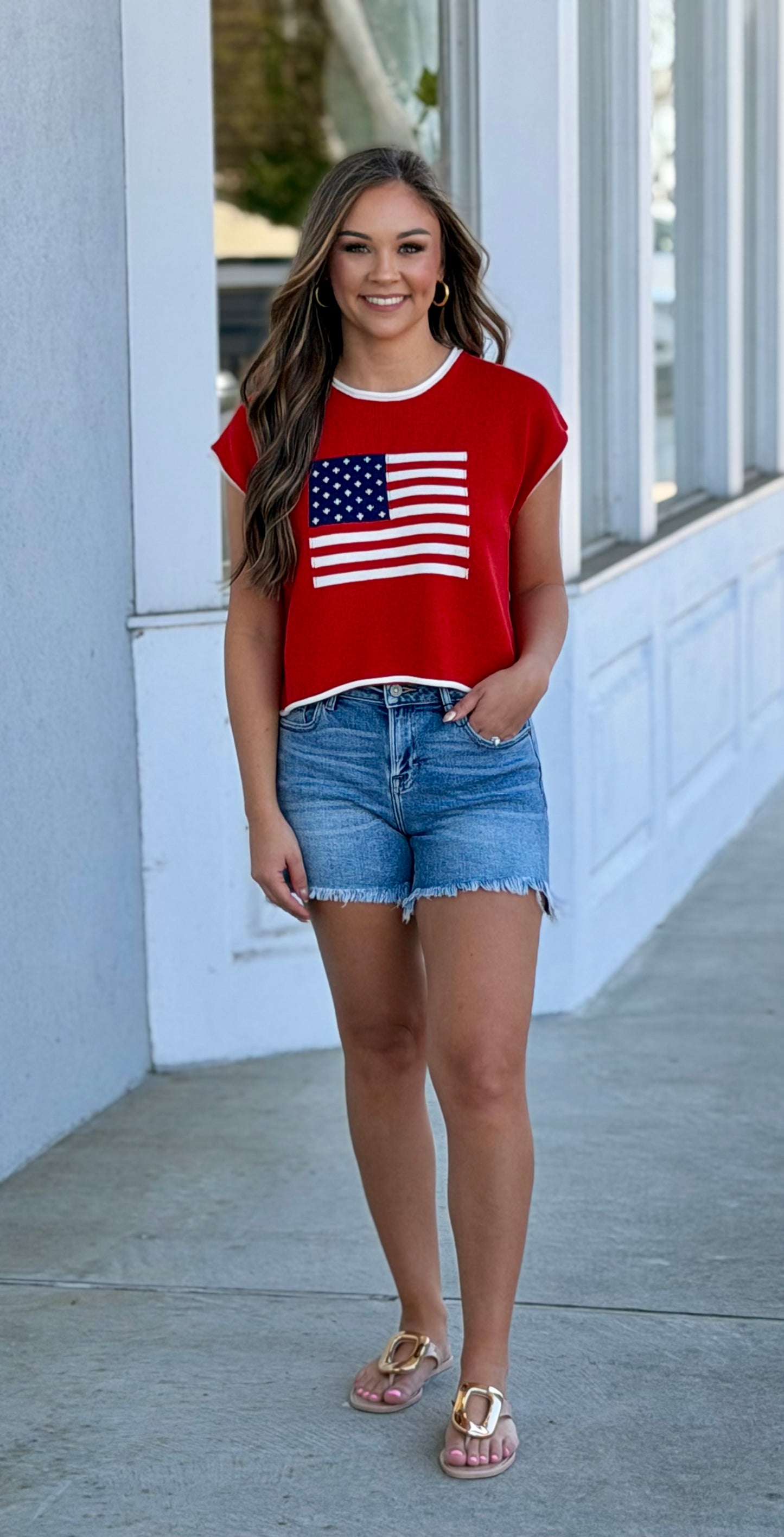 Red Rolled Hem Sleeveless Flag Top