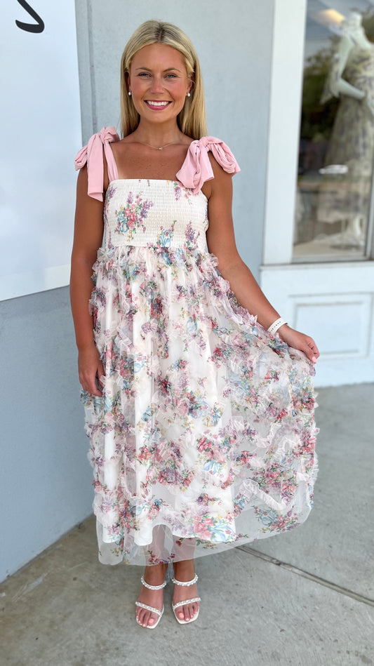 Dusty Rose Shoulder Tie Smocked Floral Midi
